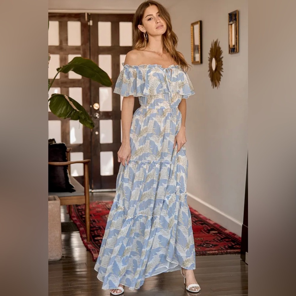 Lulu’s Sway in the Breeze White Leaf Print Off-the-Shoulder Maxi Dress